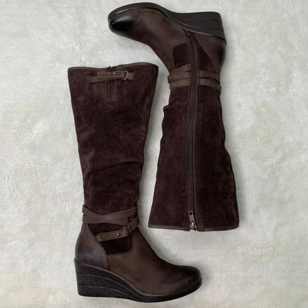 UGG 1005266 Women's Waterproof Lesley Uptown Knee High Wedge Boots Brown Size 6